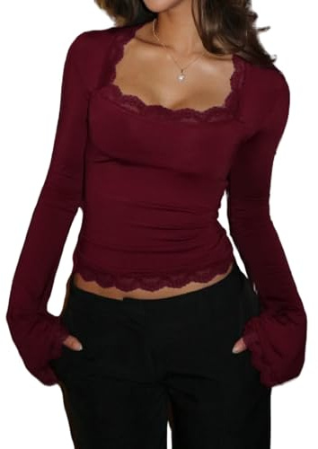 NJWTSDTZ Women Bell Long Sleeve Shirt Tops Y2k Square Neck Lace Trim Crop Shirts Trendy Slim Fit Fall Going Out Blouse(Wine Red,Small)