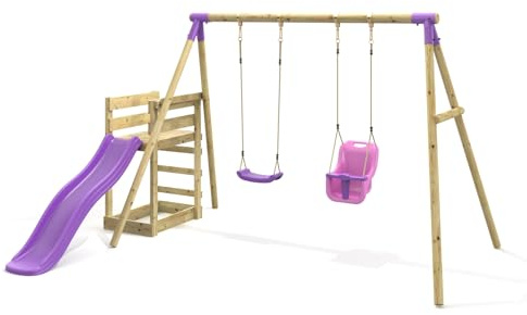 Rebo® Wooden Swing Set Plus Deck and Slide - Luna Purple | OutdoorToys | Kids' Outdoor Wooden Play Equipment for Gardens, Frame and Accessories Included, Weather Resistant