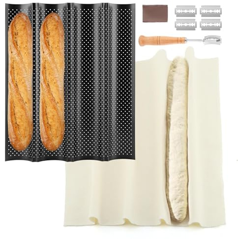 Axrivonte 5 Pcs Baguett e Bread Pan Set,Nonstick 4 Loaf Perforated French Breads Baking Pans with Proofing Cloth,Dough Cutter Kit for Home Baker,Baguett-e Tray,15x12 Inch Black Bread Pan
