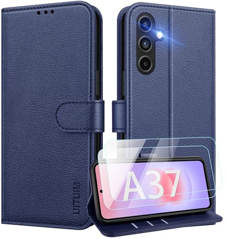 UITUIM Phone Case for Samsung Galaxy A37 5G Flip Cover Leather,Blue | with 2 Tempered Glass Screen Protector RFID Blocking Wallet Card Holder Slot Kickstand Shockproof Magnetic Full Protection