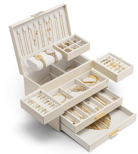 VLANDO Jewellery Box, 3 Tier Jewellery Organiser with Pull-Out Trays | Large capacity, Separate sections, Necklace holders, Stud earring area, Easy access, Gift for her, Dressing table,Beige