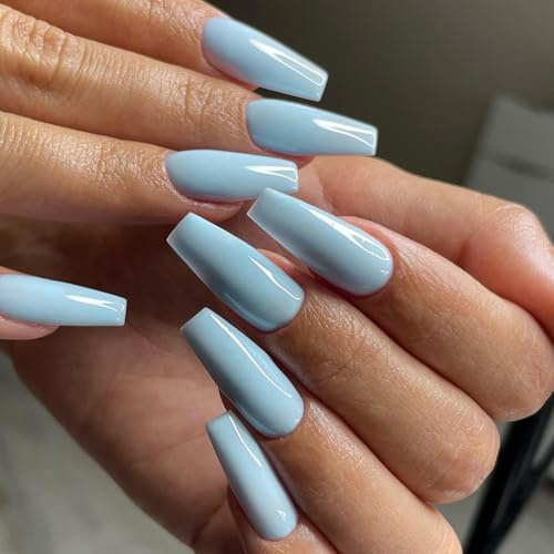 24pcs Baby Blue False Nails Long Square - Acrylic Coffin Press on Nails - Solid Color Fake Nails with Glue - Full Cover Glossy Summer Stick on Nails Glue-on Nails for Women Daily Wear