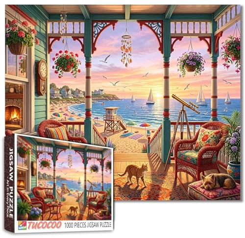 Scenic view Jigsaw Puzzles 1000 Pieces for Adults, Families(Sunset at sea，Sailing boat，Beach house) Pieces Fit Together Perfectly 19.7''x27.6''inch Frameable Freedom Puzzle Art