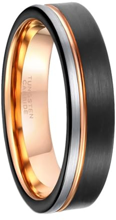 Skcess Anello nuziale da uomo, 6 mm, in acciaio al tungsteno, forma spazzolata, tricolore, fedi nuziali da uomo, fedi nuziali da uomo, fedi nuziali da uomo, fedi nuziali da uomo, colore nero, oro rosa