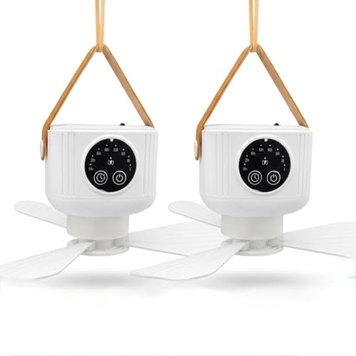 HAC24 2x Portabler Akku Ventilator zum Hängen mit Licht & Fernbedienung Outdoor Camping Deckenventilator 4 Stufen
