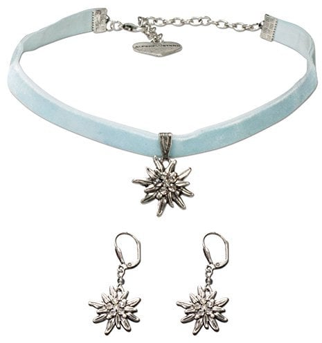Alpenflüstern Trachtenschmuck-Set Trachten-Samt-Kropfband und Ohrhänger Strass-Edelweiß - Damen-Trachten-Schmuck, Trachtenset Trachtenkette und Trachten-Ohrringe hell-blau SET015
