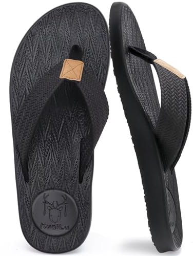 KuaiLu Flip Flops for Mens Arch Support Summer Beach Pool Wide Fit Thong Sandals Non Slip Yoga Memory Foam Cushioned Slip On Shower Leather Cloth Fabric Orthotics Plantar Fasciitis Flipflops Black 8