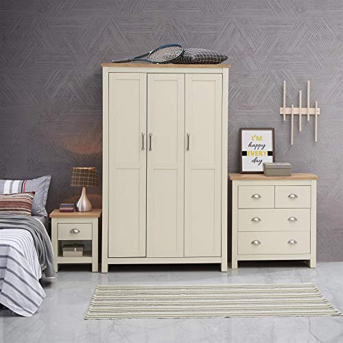 Timber Art Design UK Lisbon 3 Piece Bedroom Furniture Set Includes 3 Door Wardrobe with Hanging Rail & Shelf, 2+2 Drawer Chest & 1 Single Drawer Bedside Table for Living, Bedroom, Hallway, Cream & Oak