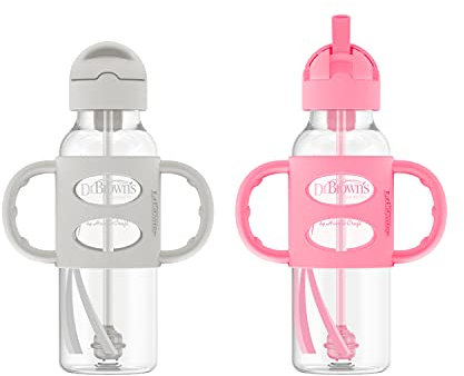 Dr. Brown's Sippy Straw Bottle with Silicone Handles, Gray & Pink, 8 Oz (Pack of 2)