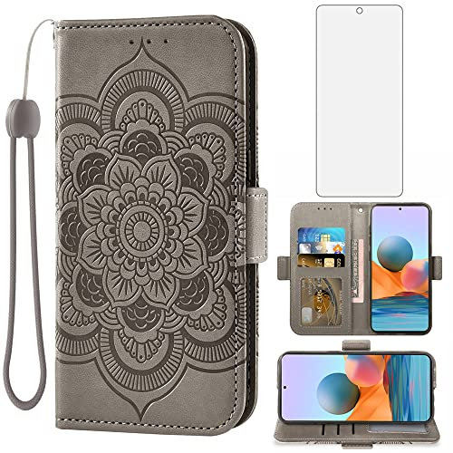 Asuwish Funda para Xiaomi Redmi Note 10 Pro/10Pro MAX con Cristal Templado Protector Pantalla Vidrio Pelicula Protectora Libro Cuero Piel Tarjetero Note10 ProMax M2101K6G Tapa Carcasa Capa Case Gris
