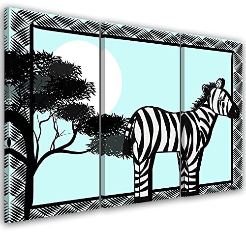 Feeby 3-teilig Bild auf Leinwand 60x40 cm Für Kinder Tiere Zeichentrickfilm Tiere Kunstdruck Modern Wandbilder Deko Flur Wohnzimmer Sonne Baum Zebra schwarz-weiß