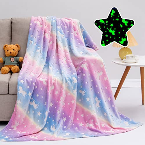 iEvery Einhorn Decke Kuscheldecke Kinder Mädchen Flauschige Decke Glow in The Dark Einhorn Leuchtend, Weiche Wohndecke Fleecedecke Einhorndecke Geschenk für Kinder, 150x130cm