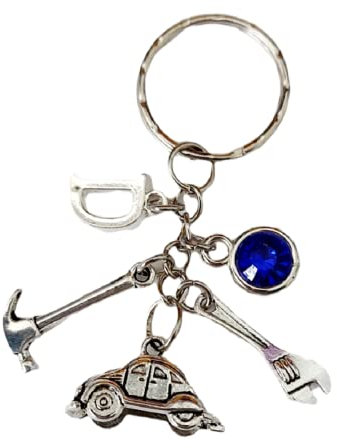 Handmade Personalised Initial Unisex Women Men Mechanic Car Lovers DIY Charm Keyring with Coloured Gem
