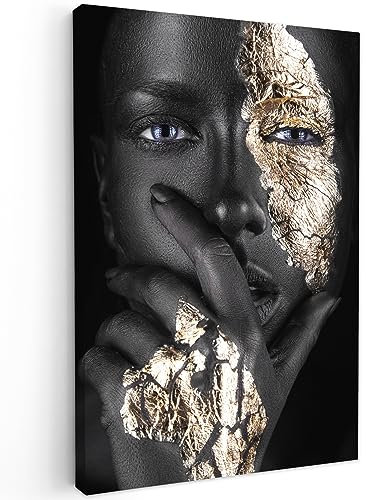 MuchoWow Leinwand Bilder, Einzigartige Wanddeko mit Rahmen, Frau - Gold - Schwarz - Make-up - Luxus, Wandbilder Wohnzimmer, Deko Schlafzimmer 40x60 cm