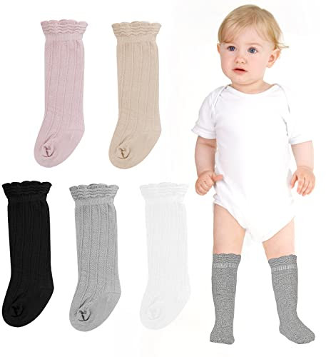 Yolev 5 Paia di Calzini per Neonati Calzini al Ginocchio Calzini Lunghi in Cotone Calze a Maglia Neonato per Bambini da 0 a 6 Mesi