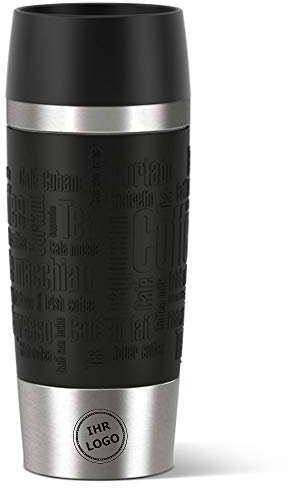 Emsa Isolierbecher mit Gravur - Firmen Logo/Wappen - TRAVEL Mug 360 ml schwarz, 100% dicht, auslaufsicher, Kaffee & Tee, Thermo-Becher heiße/kalte Getränke