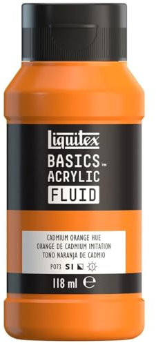 Liquitex Basics Fluid - Pintura acrílica de consistencia fluida, secado rápido, resistente a la luz, impermeable, acabado satinado permanente, bote 118 ml, tono naranja de cadmio
