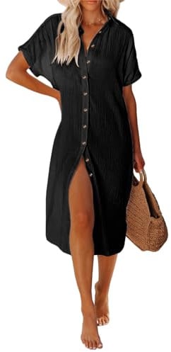 UMIPUBO Women Beach Cover Ups Casual Short Sleeve Beachwear Swimsuit Bikini Cover-Up Button Down Side Split Long Kimonos Bathing Suit Cardigans Beach Dress (Black, L)