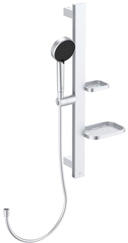 Ideal Standard - Alu+, Asta doccia in alluminio da 60cm, Saliscendi con fissaggi regolabili e due mensole a libera installazione, Set con doccetta due funzioni e tubo flessibile da 1.5mt., Matt silver