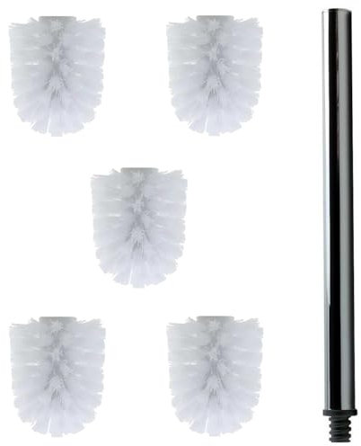 Daloual - 5 x Ersatz WC-Bürstenkopf Weiß Ø ca. 8 cm + 1 x Edelstahl-Griff 26,5 cm - Toiletten-Bürste - Klo-Bürste - WC-Besen - austauschbar - modernes Design - hochwertig - langlebig