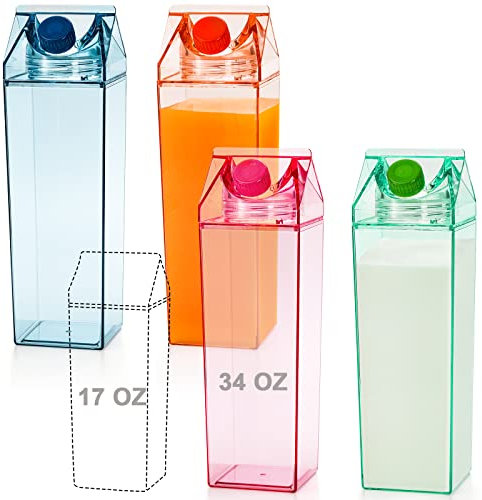 yarlung Set of 4 Milk Carton Water Bottle, 34 Oz/1000ml Colorful Clear Plastic Milk Bottles Leakproof Square Milk Box Portable for Outdoor Sports Travel Camping, 4 Colors