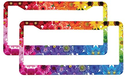 Nummernschild-Rahmen mit Regenbogen-Blumen, universal, rostfrei, wetterfest, Aluminium, 2 Stück
