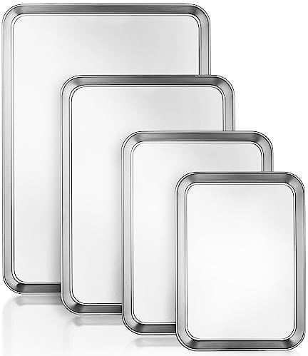 Essentials - Juego de 4 bandejas rectangulares de acero inoxidable para horno, fácil limpieza, no tóxicas, sin óxido, aptas para lavavajillas (tamaño grande)
