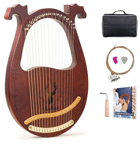 VixxNoxx Lyre Harpe 16 cordes en Métal Lyre Instrument de Musique en Acajou avec Clé d'accordage Cordes de Rechange Livre de Musique en Englais Portable Sac, Harp pour Adultes Enfants Débutants