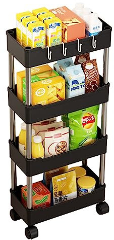 Haipky Multipurpose Rolling Trolley, Removable Storage Organizer Rack Shelf With Wheels for Bathroom Bedroom Kitchen Laundry Fruit Vegetable Snack Sundries Cosmetics Toiletries (Black 4 Tiers,Narrow)