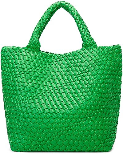 Queenoris Gewebte Tasche für Damen, veganes Leder, Tragetasche, Sommer, Strand, Reisen, Handtasche und Geldbörse, Retro-Stil, handgefertigte Umhängetasche, groß, Papageiengrün, Large