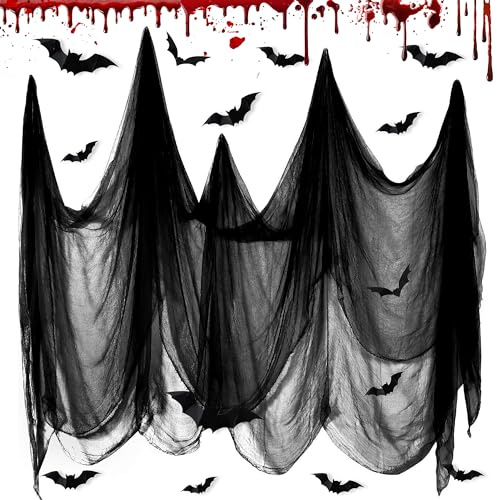 Halloween Deko Stoff,CZMAO Schwarzer Stoff mit 12 Fledermaus Aufkleber, Schwarze Gruselige Stoffe, Schwarzes Spinnennetz Baumwollgarn für Halloween Horror Hängende Halloween-Dekoration (215 * 800CM)