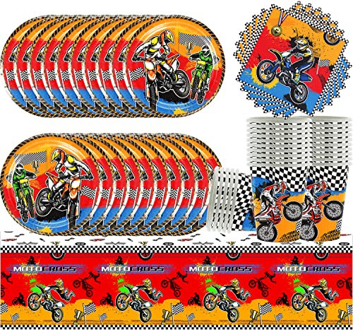 61Pcs Party Tableware Set,Cool Motorcycle Party Cutlery,Race Car Birthday Party Supplies Boy Serves 20 Guests[20 Plates, 20 Cups, 20 Napkins and 1 tablecloth]