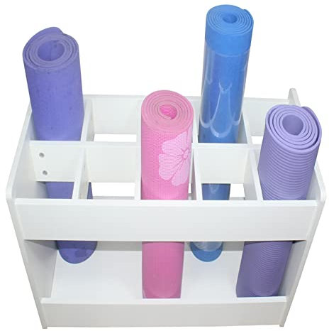 LOHXA Yoga Mat Holder Commercial Yoga Mat Holder 10-Grid Wood, Floor Standing Foam Roller Yoga Mats Organizer Save Space, Kindergarten/School Yoga Mat Stand/White
