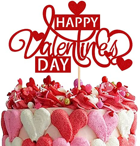 1 Stück Happy Valentine's Day Tortendeko mit Glitzer Süße Liebe Herz Cake Topper Valentinstag Kuchen Deko für Glückliche Valentinstag Thema Geburtstag Party Kuchen Dekorationen Rot