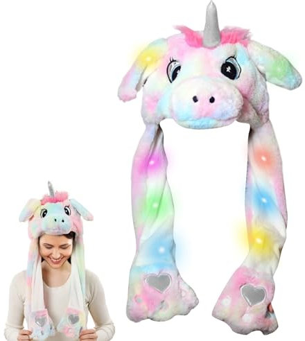 Wackelohr Nütze mit Led, Einhorn Horn mütze mit Licht, Led Mütze, Beweglichen Ohren Drücken der Tiermütze, Plüsch Einhorn Mütze mit Wackelohren, Lustige Hüte Einhörner Hut für Winter Fasching Cosplay