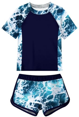 Idgreatim Girls Rash Guard Swimsuits Set Size 11-12 Years 3D Novelty Print Blue Bathing Suits Fashion Swimwear for Beach Pool