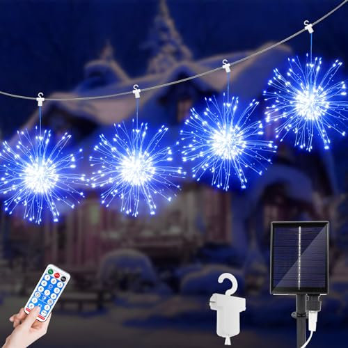JIMACRO LED Lichterketten, 4 Stück 120 LEDs Weihnachtslicht Starburst, Solar 8 Modi Wasserdicht Lichterkette Feuerwerk mit Fernbedienung Außen Innen für Weihnachten, Party, Hochzeit