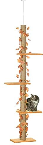 Pawhut Árbol para Gatos de Suelo a Techo de 202-242 cm Torre para Gatos con 3 Plataformas Postes Rascadores Altura Ajustable y Decoración de Hoja de Arce Naranja