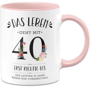 Tassenbrennerei Tasse - Das Leben geht mit 40 erst richtig los - Kaffeetasse mit Spruch lustig zum Geburtstag als Geburtstagsgeschenk für Frauen, Freundin, Kollegin - Geburtstagsdeko (Rosa, 40)