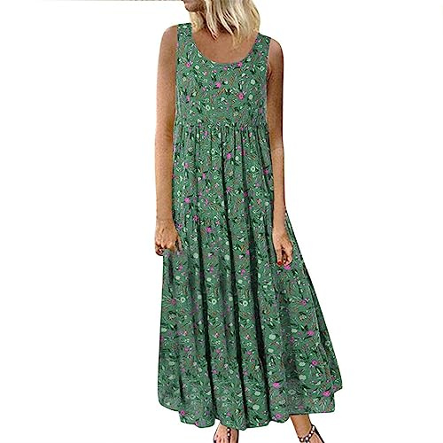 Women's Cotton Linen Dress Floral Maxi Long Dress Casual Sleeveless Crewneck A Line Dress Plus Size Swing Dress Vintage Bohemian Loose Dresses Pageant Prom Ball Gowns Cocktail Dresses UK Size