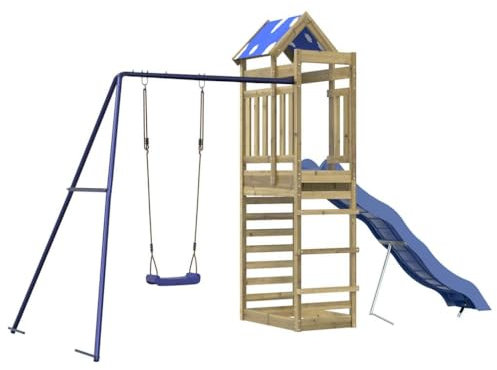 vidaXL Spielturm, Klettergerüst mit Dach Schaukel Rutsche, Kinder Kletterturm Spiel-Zubehör für Garten, Holz Spielplatz Spielhaus, Kiefernholz Imprägniert