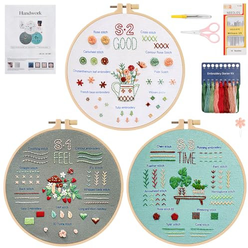 LOMOHOO Stickset für Anfänger, 3 Sticken Set Erwachsene Kinder, Blumenmuster Pflanzen Stickerei Set mit Stickrahmen Stickgarn Sticknadeln, Embroidery Kit Kreuzstich Set für DIY Kunst Handwerk