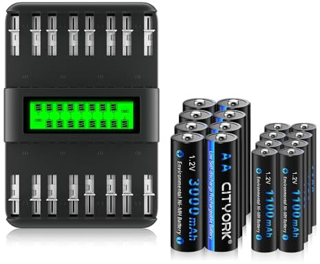 CITYORK 16 Bay LCD Smart Charger for AA/AAA/C/D NiMH NiCD Rechargeable Batteries + 8 Pack AA and 8 Pack AAA Rechargeable Batteries 1.2V, Independent Slots Charger(AC Wall Adapter Included)