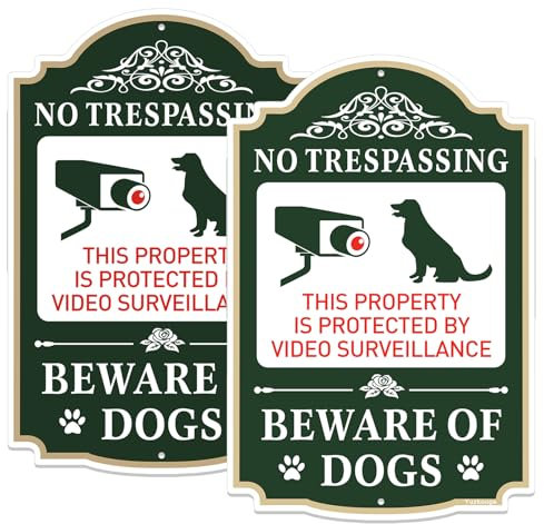 Yuzkouge No Trespassing Beware of Dogs Sign - 2 Pack, 12” x 8” Rust Free Aluminum Private Property Sign, Weatherproof, Fade Resistant, Easy Mounting.