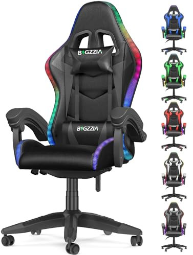 bigzzia Gaming Chair with RGB Computer Chair with Light Reclining PU Leather Video Game Chair with Headrest Adjustable Lumbar Support (ALL Black)