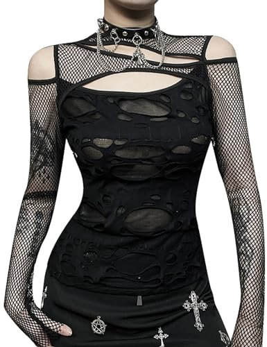 XKBHYD Women Gothic Crop Tops Crewneck Y2K Emo T Shirts Sexy Fish Net Long Sleeve Tops Punk Grunge Alt Shirts Black