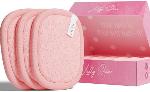 Pads Démaquillants Lavables et Réutilisables Lilly Skin - Lingettes Carrées Microfibres Nettoyantes et Exfoliantes pour la Peau du Visage - Boîte de 7 Pads en Tissu Simili Coton - Rose Poudré - XL