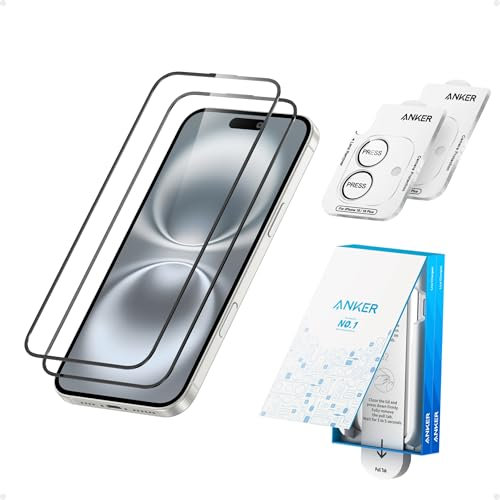 Anker HD Screen and Lens Protectors for iPhone 16 Plus (2-Pack), 6.7-Inch Ultrand Clear Tempered Glass, Fast and Easy Installation, Scratch and Impact Resistant, 12-Month Warranty
