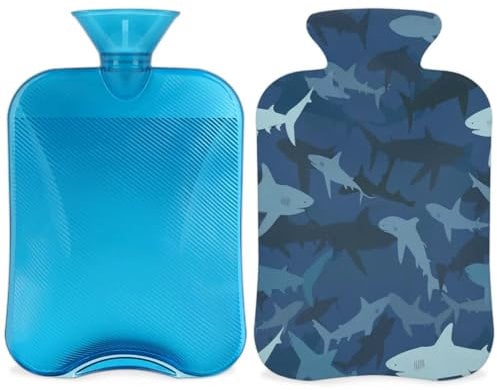 Cartoon Shark Hot Water Bottle with Cover, Shark Print Hot Water Bottle with Cover, 2L Hot Water Bag for Pain Relief, Neck and Shoulder, Hand Feet Warmer