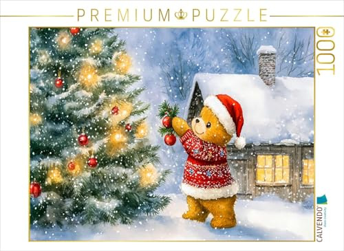 Puzzle · Teddy schmückt den Weihnachtsbaum | Herzerwärmende Aquarellzeichnung von einem Teddybären, der freudig… · 1000 Teile · Lege-Größe 64 × 48 cm · CALVENDO Puzzle